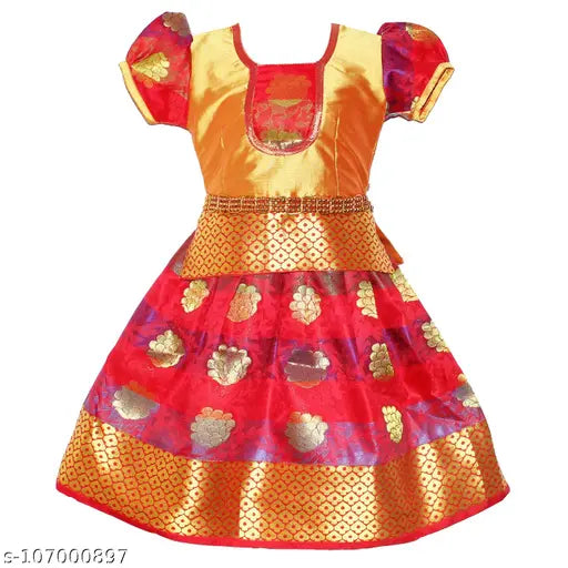 Cotton Silk Kids' Madhura Pattu Lehengha Choli with waist belt, floral pattern in warm Indian festivals celebration
