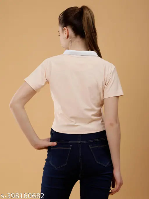 Solid polycotton women's half sleeve crop-top tshirt in various sizes - fashionable crop polo tee