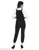 Trendy cotton black dungaree jumpsuit for party and casual wear, printed net design on a cotton blend with three-quarter sleeves