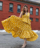 Yellow acrylic polka dot flared sleeveless kurta, perfect for daily wear or special occasions, Indian-inspired design