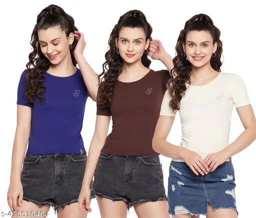 Cotton round neck t-shirt pack of 3, Indian made, women's regular fit, short sleeves, soft and breathable