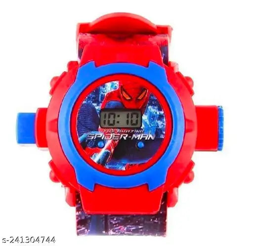 Trendy Spider-Man digital watch, colorful case with vibrant red and blue accents, Spiderman logo on face, LED display for time