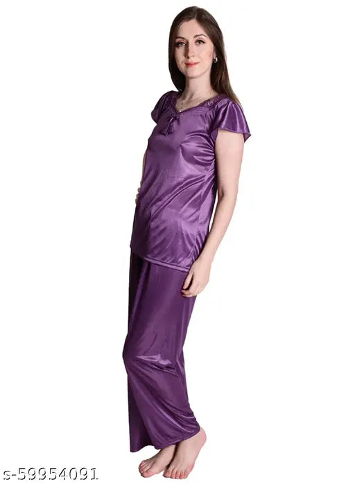 Purple satin pajama set, luxurious nightwear for bedroom, special nights