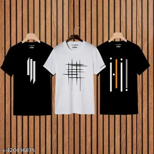 Printed pack of 3 KnightSquire men's sports t-shirts, polyester, short sleeves, printed design, M L XL sizes, India-made athletic wear