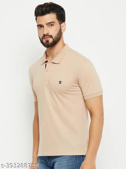 Beige cotton blend polo shirt with chest embroidery logo, men's solid design, India-made apparel