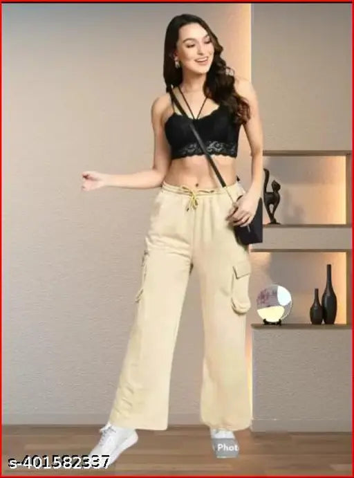 Khaki trendy bellbottom joggers, black tank top