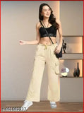 Khaki trendy bellbottom joggers, black tank top