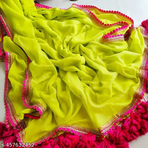 Lime green georgette saree with embroidery and blouse piece, features a red trim and pink borders
