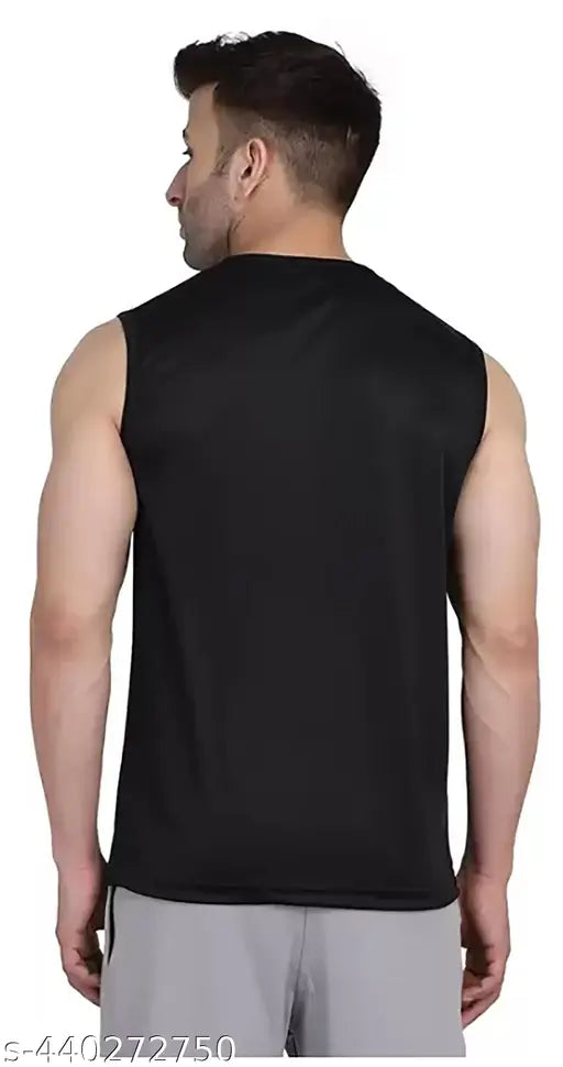 Black sleeveless gym vest t-shirt, polyester fitness apparel for men, solid design, size M (chest 40 in, length 27 in)