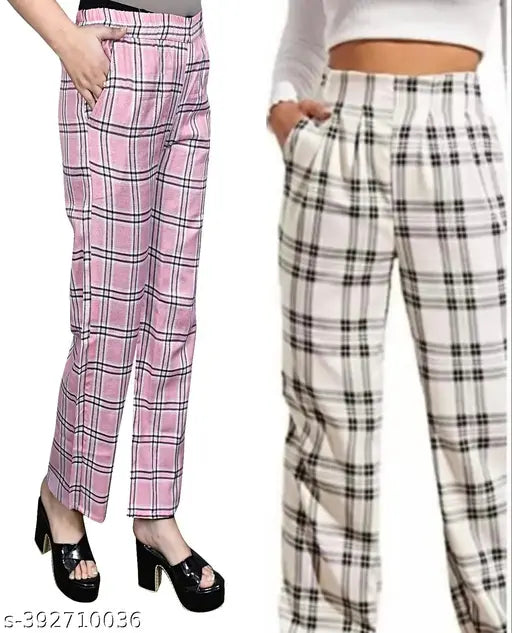 Latest women's pants in pink and white checkered pattern, long length, comfortable fit