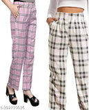 Latest women's pants in pink and white checkered pattern, long length, comfortable fit