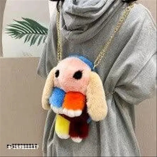 Soft fur sling bag with floppy ears, multicolored fabric