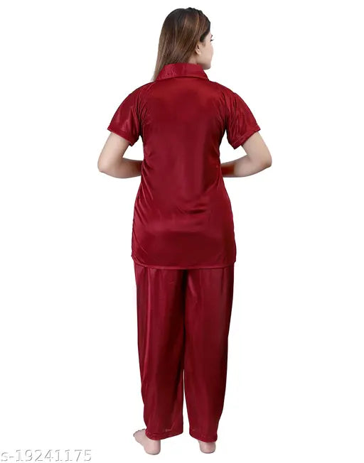 Maroon satin nightsuit set with notch collar, including long-sleeve shirt and pants
