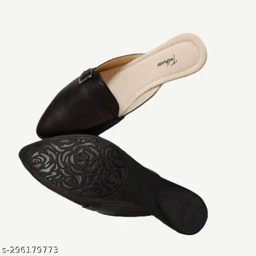 Black PU buckle sandals, trending style with faux heel for women's office wear, slip-on mule design