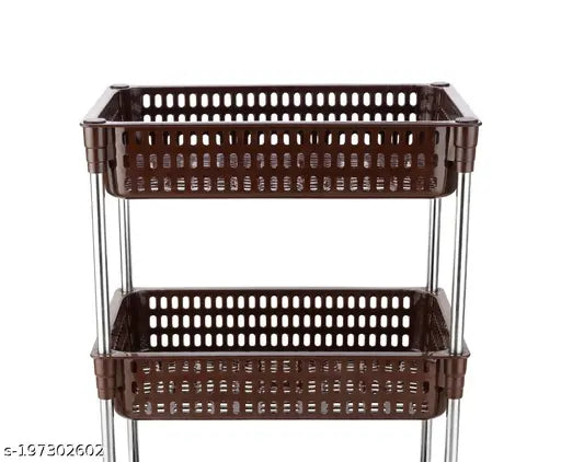 A multi-tiered fruit and vegetable storage rack in a kitchen
