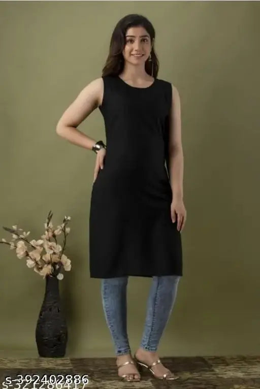 Black, cotton sleeveless kurta dress with straight neckline