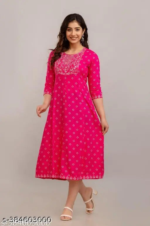 Wine pink embroidered rayon flared anarkali kurta for women, long sleeves, soft fabric