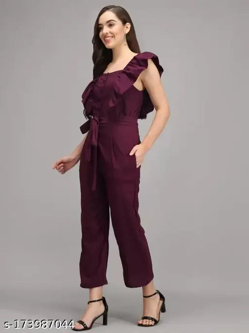Purple-olive poly crepe printed net jumpsuit set (S, M, L, XL), versatile Indian fashion for women