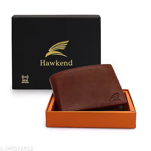 Brown leather RFID blocking wallet, slim design with 5 card slots and 2 cash compartments. High-quality classic bifold wallet from Hawkend, presented in a gift box