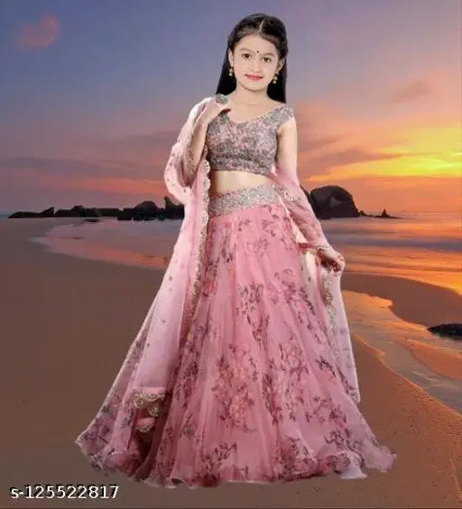 Pink printed fusion wear lehenga choli set, semi-stitched net fabric with embroidered patterns, suitable for girls aged 3-16 years or free size