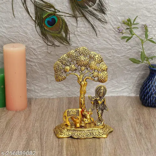 Metal Krishna with Cow under tree playing flute decorative showpiece (17cm, gold) - Traditional Indian God idol for home or temple decoration, embodying luck, love, happiness, and prosperity