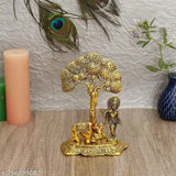 Metal Krishna with Cow under tree playing flute decorative showpiece (17cm, gold) - Traditional Indian God idol for home or temple decoration, embodying luck, love, happiness, and prosperity