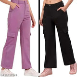 Black cotton blend cargo pants for women & girls (2 pack), trendy straight fit design with 4 functional pockets, all-time wear