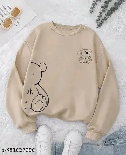 Stylish high quality fleece fabric unisex winter sweatshirt, warm wool sweater for kids aged 12-16, printed design on long sleeves