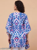 Multicolor cotton v-neck kaftan with pink tassel, length 34", India-made garment for XS to XXL sizes