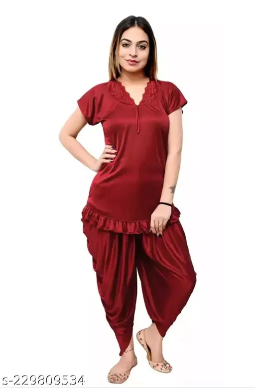 Pink satin Desiner dhoti night suit, easy hand wash for women's work-from-home comfort, Patiala pants style