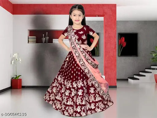 Cotton silk and taffeta embroidered lehenga for girls in various sizes, featuring long sleeves. Indian designer dress with net dupatta for new parties or weddings. Available in red, blue, pink, yellow, black, white, green color options