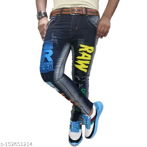 Cotton blend, placement print funky jeans for active everyday life. Pair with a stylish t-shirt or shirt, comfortable pockets, size 28, 30, 32, made in India