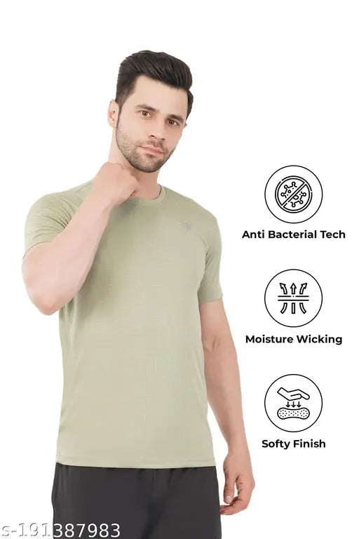 Indian-made men's polyester dry fit sports tshirt - solid color, short sleeves, size M (40in chest, 28in length)