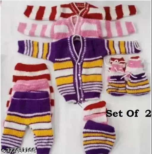 Striped wool winter suits for babies (0-3 months), includes 2 sets (tops, pajamas, caps, socks) - random colors, Indian origin