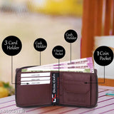 Brown artificial leather men's formal wallet with 4 card slots and 2 compartments, featuring a neat design and multiple pockets for notes and credit cards