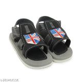 Black, grey, baby sandals for 0-6 month olds with a flag design
