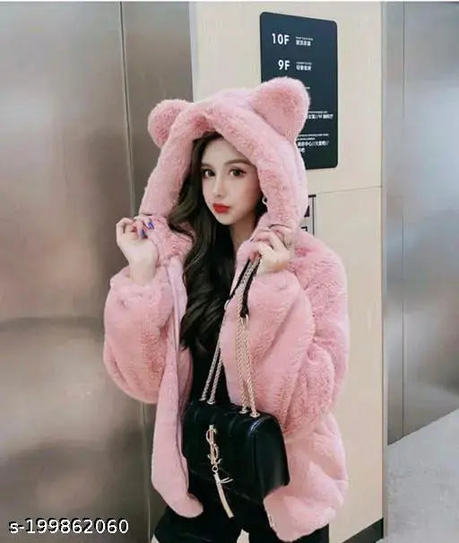 Faux fur winter jacket for women, solid-colored, long sleeves, high-quality fleece lining