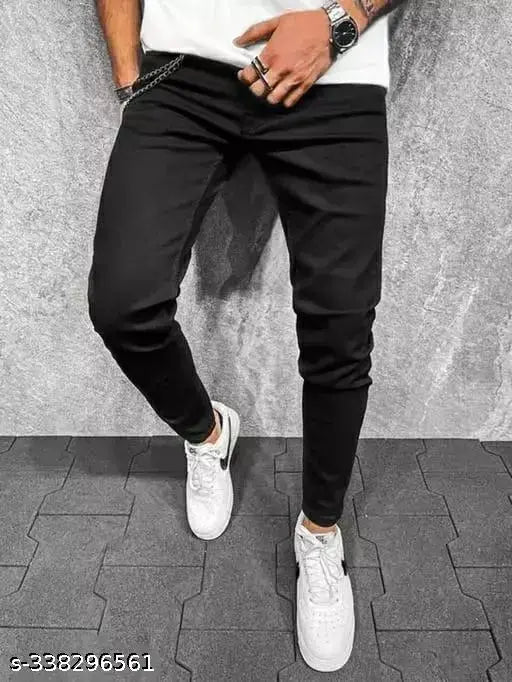 Men's cotton blend black jeans, solid design in sizes 26, 28, 30, and 32