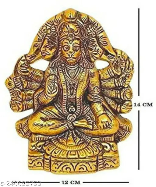 Metal Panchmukhi Hanuman ji Murti, gold plated with antique finish, traditional Afghan craftsmanship for pooja and home decor