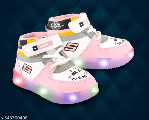 Pink, white and black LED sneakers with glowing lights for kids, lightweight outdoor sports shoes