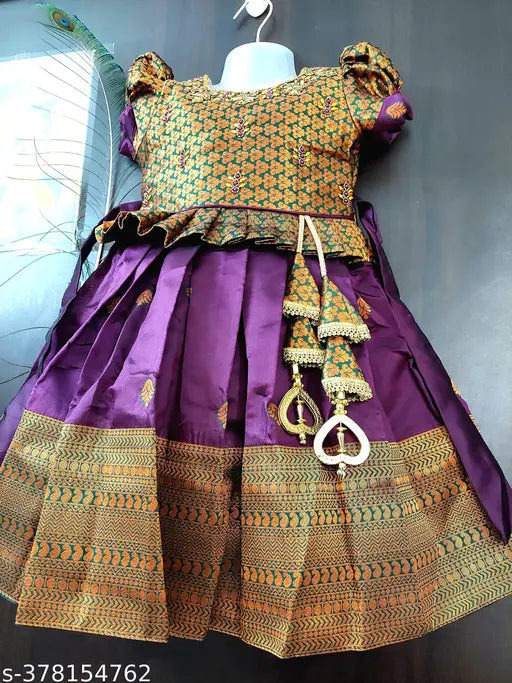 Narayanpet silk knee-length frock with zari border, pure silk ethnic wear for kids parties