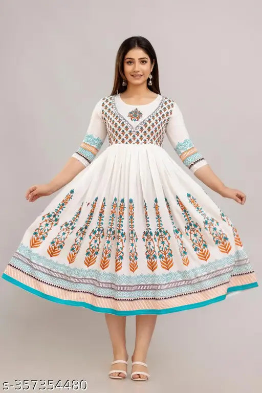 Rayon printed Kiara Anarkali Kurta - Indian women's fashion, three-quarter sleeves, round neck, flared hem, available in M, L, XL, XXL