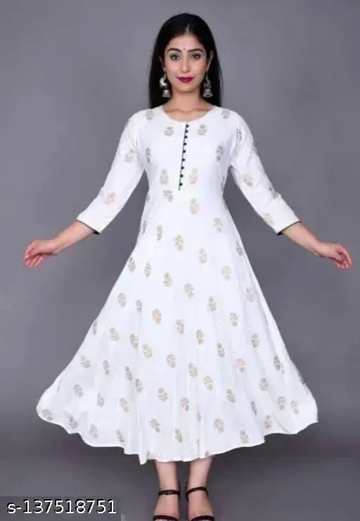 Rayon three-quarter sleeve printed kurti, multiple sizes available in Indian ethic wear styles like Aagam, Chitrlekha, Alisha, and Kashvi. Black, blue, brown, grey, khaki, maroon, multicolor, nude, olive, pink, purple, red, silver, white options. High slit Pakistani straight plazo Anarkalis kurta for women, India origin
