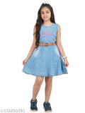 Blue cotton blend denim fit flare dress, printed net pattern for girls aged 3-14 years, sleeveless, machine washable
