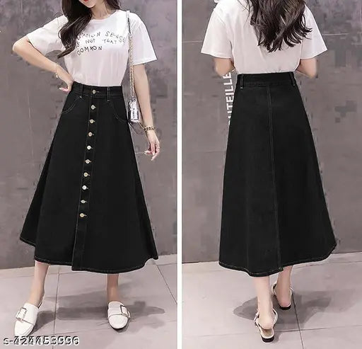 Black denim maxi A-line skirt, lightweight and breathable for women. Perfect fit and comfortable wear, suitable for all body types. Denim skirt with exclusive self designs and durable materials. Available sizes: 26, 28, 30, 32, 34, 36, 38, 40, 42, 44, 46 (individual waist, length, hip sizes provided in product description). Made in India