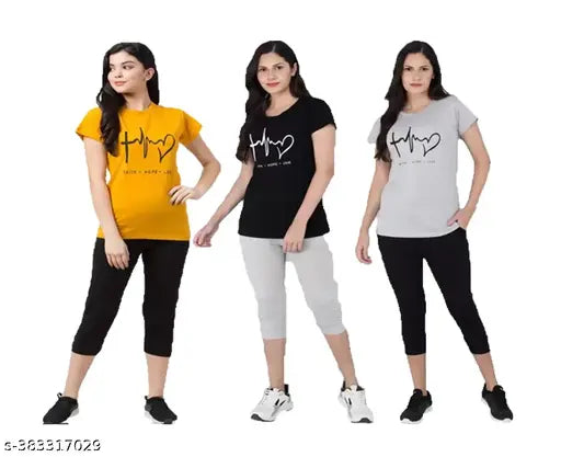 Cotton women's capri nightwear, printed half sleeves top with elastic waistband and drawstring, soft fabric for comfortable home relaxation