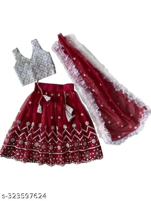 Solid Ethnic taffeta silk choli with net dupatta, embellished for traditional Indian fashion, size 6-8 years