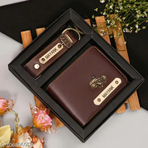 Brown customized canvas and leather wallet with hook key chain, features 2 compartments for men's essentials. Personalize with your name, charm design, and color