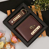 Brown customized canvas and leather wallet with hook key chain, features 2 compartments for men's essentials. Personalize with your name, charm design, and color