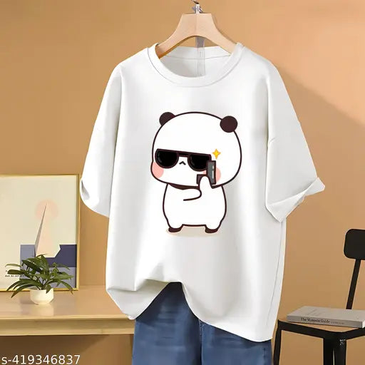 Loose fit women's oversized T-shirt by Skyct Store, featuring Gansta Bubbu character with sunglasses and phone emoji on black background
